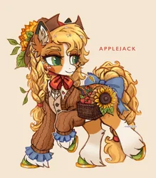Size: 2965x3390 | Tagged: safe, artist:madisockz, derpibooru import, applejack, earth pony, pony, :3, alternate clothes, alternate color palette, alternate design, alternate hairstyle, alternate tailstyle, apple, applejack's hat, big ears, big eyes, blaze (coat marking), blonde mane, blonde tail, blushing, bow, braid, braided ponytail, braided tail, bread, button-up shirt, cardigan, chin fluff, clothes, coat markings, colored ear fluff, colored eartips, colored eyebrows, colored hooves, colored muzzle, colored pinnae, cottagecore, cowboy hat, dress shirt, ear fluff, facial markings, female, flower, flower in hair, food, freckles, g4, green eyes, hat, high res, horseshoes, image, jpeg, lidded eyes, long mane, long tail, looking away, mare, mealy mouth (coat marking), neck bow, orange coat, orange text, ponytail, raised hoof, redesign, saddle basket, shiny hooves, shiny mane, shiny tail, shirt, signature, simple background, smiling, socks (coat marking), solo, stick in mane, straw in mouth, sunflower, tail, tail bow, text, tied mane, tied tail, unshorn fetlocks, walking, wall of tags, wingding eyes, yellow background