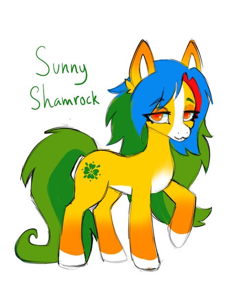 Size: 1280x1600 | Tagged: safe, alternate version, artist:madisockz, derpibooru import, oc, oc:sunny shamrock, unofficial characters only, earth pony, pony, blaze (coat marking), coat markings, colored belly, colored eartips, colored hooves, colored pinnae, ear fluff, earth pony oc, eye clipping through hair, eyebrows, eyebrows visible through hair, eyeshadow, facial markings, female, gradient ears, green tail, image, jpeg, lidded eyes, long mane, long tail, makeup, mare, mealy mouth (coat marking), multicolored mane, pale belly, raised hoof, simple background, smiling, socks (coat marking), solo, standing, tail, two toned tail, white background, yellow coat, yellow eyes