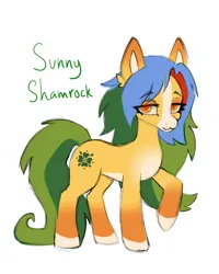 Size: 1638x2048 | Tagged: safe, alternate version, artist:madisockz, derpibooru import, oc, oc:sunny shamrock, unofficial characters only, earth pony, pony, blaze (coat marking), coat markings, colored belly, colored eartips, colored hooves, colored pinnae, ear fluff, earth pony oc, eye clipping through hair, eyebrows, eyebrows visible through hair, eyeshadow, facial markings, female, gradient ears, green tail, image, lidded eyes, long mane, long tail, makeup, mare, mealy mouth (coat marking), multicolored mane, pale belly, png, raised hoof, simple background, smiling, socks (coat marking), solo, standing, tail, two toned tail, white background, yellow coat, yellow eyes