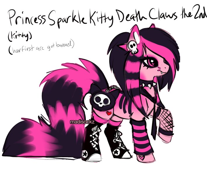 Size: 3000x2539 | Tagged: safe, artist:madisockz, derpibooru import, oc, oc:princess sparkle kitty death claws the 2nd, unofficial characters only, earth pony, pony, choker, clothes, coat markings, colored eartips, colored pinnae, converse, dyed mane, dyed tail, ear fluff, earth pony oc, edgy, emo, eyeshadow, fangs, female, fishnet clothing, heart, heart eyes, heart mark, high res, hoof shoes, image, impossibly large tail, jpeg, leg warmers, long mane, long tail, makeup, mare, necktie, pink coat, pink eyes, profile, raised hoof, scemo, scene, scene hair, shoes, simple background, skelanimals, smiling, sneakers, solo, spiked choker, standing, stripes, tail, two toned mane, two toned tail, white background, wingding eyes