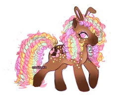 Size: 2048x1638 | Tagged: safe, artist:madisockz, derpibooru import, oc, oc:daisy petals, unofficial characters only, earth pony, pony, body freckles, brown coat, bunny ears, coat markings, colored belly, colored eartips, colored pinnae, curly mane, curly tail, dreadlocks, earth pony oc, facial markings, female, freckles, image, jpeg, long mane, long tail, looking back, makeup, mare, mealy mouth (coat marking), multicolored mane, multicolored tail, pale belly, pink eyes, profile, raised hoof, raised leg, signature, simple background, smiling, socks (coat marking), solo, tail, white background, wingding eyes