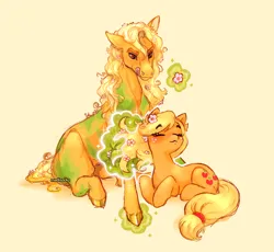 Size: 2048x1887 | Tagged: safe, artist:madisockz, derpibooru import, applejack, earth pony, horse, pony, :3, applejack (bella sara), bella sara, blonde mane, blonde tail, blushing, coat markings, colored eyebrows, colored hooves, colored pinnae, crossover, duo, duo female, ear fluff, eye clipping through hair, eyebrows, eyebrows visible through hair, eyes closed, female, floppy ears, flower, flower in hair, flower in tail, focused, freckles, g4, glow, glowing hooves, height difference, image, jpeg, long mane, long tail, looking at something, lying down, magic, mare, orange coat, orange eyes, prone, shiny hooves, signature, simple background, sitting, smiling, sparkles, splotches, tail, telekinesis, tied tail, tongue out, wingding eyes, yellow background