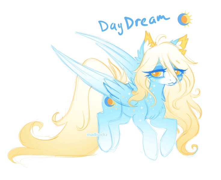 Size: 3568x2912 | Tagged: safe, alternate version, artist:madisockz, derpibooru import, oc, oc:daydream, unofficial characters only, pegasus, pony, :3, ahoge, big eyes, blaze (coat marking), blonde mane, blonde tail, blue coat, body freckles, chest fluff, coat markings, colored ear fluff, colored eyebrows, colored muzzle, colored pinnae, colored sketch, colored wings, colored wingtips, ear fluff, eye clipping through hair, eyebrows, eyebrows visible through hair, facial markings, female, flying, freckles, gradient legs, gradient mane, gradient tail, gradient wings, high res, image, impossibly long tail, jpeg, lidded eyes, long mane, long tail, mare, mealy mouth (coat marking), partially open wings, pegasus oc, signature, simple background, sketch, smiling, socks (coat marking), solo, tail, tired eyes, two toned mane, two toned tail, two toned wings, white background, wingding eyes, wings, yellow eyes