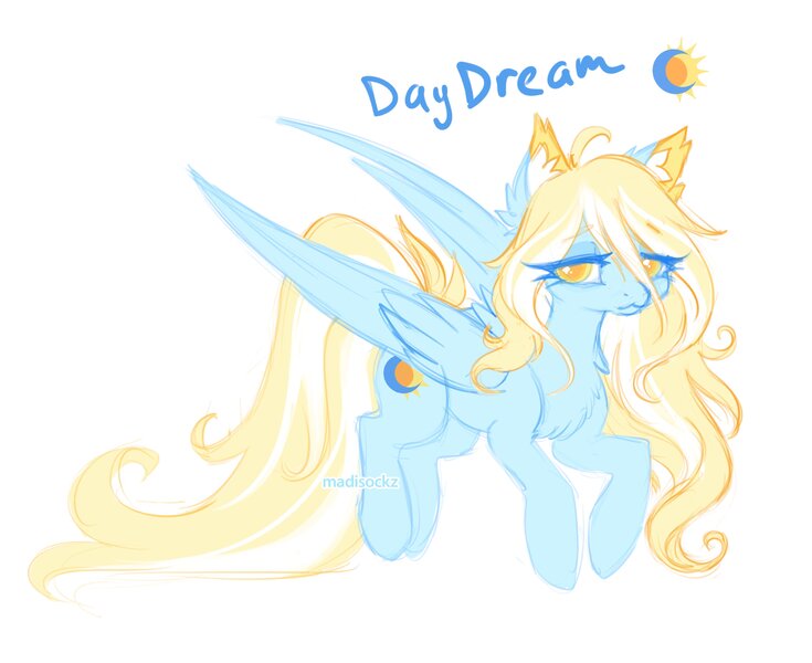 Size: 3568x2912 | Tagged: safe, alternate version, artist:madisockz, derpibooru import, oc, oc:daydream, unofficial characters only, pegasus, pony, :3, ahoge, big eyes, blonde mane, blonde tail, blue coat, chest fluff, colored ear fluff, colored eyebrows, colored pinnae, colored sketch, ear fluff, eye clipping through hair, eyebrows, eyebrows visible through hair, female, flying, high res, image, impossibly long tail, jpeg, lidded eyes, long mane, long tail, mare, partially open wings, pegasus oc, signature, simple background, sketch, smiling, solo, tail, tired eyes, two toned mane, two toned tail, white background, wingding eyes, wings, yellow eyes