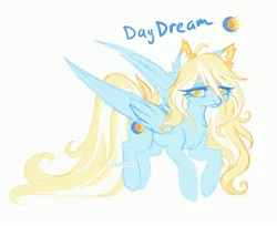 Size: 3568x2912 | Tagged: safe, alternate version, artist:madisockz, derpibooru import, oc, oc:daydream, unofficial characters only, pegasus, pony, :3, ahoge, big eyes, blonde mane, blonde tail, blue coat, chest fluff, colored ear fluff, colored eyebrows, colored pinnae, colored sketch, ear fluff, eye clipping through hair, eyebrows, eyebrows visible through hair, female, flying, high res, image, impossibly long tail, jpeg, lidded eyes, long mane, long tail, mare, partially open wings, pegasus oc, signature, simple background, sketch, smiling, solo, tail, tired eyes, two toned mane, two toned tail, white background, wingding eyes, wings, yellow eyes