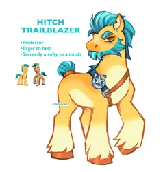 Size: 2048x2148 | Tagged: safe, artist:madisockz, derpibooru import, hitch trailblazer, earth pony, pony, g5, alternate design, alternate hairstyle, alternate tailstyle, beard, blue text, coat markings, colored belly, colored eartips, colored eyebrows, colored muzzle, colored pinnae, facial hair, facial markings, frown, high res, hitch trailblazer is not amused, image, jpeg, male, missing cutie mark, narrowed eyes, orange eyes, pale belly, profile, raised hoof, redesign, serious, serious face, sheriff's badge, short tail, signature, simple background, socks (coat marking), solo, stallion, standing, star (coat marking), tail, tail bun, teal mane, teal tail, text, thick eyebrows, tied tail, torn ear, two toned mane, two toned tail, unamused, white background, yellow coat