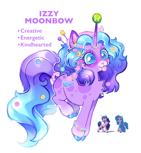 Size: 2048x2210 | Tagged: safe, artist:madisockz, derpibooru import, izzy moonbow, pony, unicorn, g5, :3, :p, alternate color palette, alternate design, ball, big eyes, blue eyes, bracelet, braid, button, chest fluff, coat markings, colored eartips, colored eyebrows, colored hooves, colored nose, colored pinnae, cute, eyebrows, eyebrows visible through hair, face paint, female, freckles, gradient horn, gradient mane, gradient tail, hair accessory, hairclip, hairpin, heart nose, high res, horn, horn accessory, image, izzy's tennis ball, izzybetes, jewelry, jpeg, jumping, long horn, long mane, long tail, mare, missing cutie mark, multicolored mane, purple coat, purple text, redesign, scrunchie, shiny hooves, shiny mane, shiny tail, signature, simple background, smiling, socks (coat marking), solo, spots, spotted, tail, tail accessory, tennis ball, text, tied tail, tongue out, two toned tail, unicorn horn, unshorn fetlocks, wavy mane, wavy tail, white background, wingding eyes