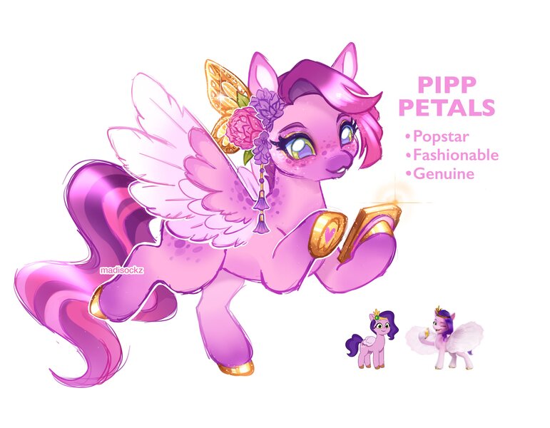 Size: 3132x2437 | Tagged: safe, artist:madisockz, derpibooru import, pipp petals, pegasus, pony, g5, :3, adorapipp, alternate color palette, alternate design, alternate eye color, alternate hair color, alternate hairstyle, alternate tail color, alternate tailstyle, body freckles, coat markings, colored eartips, colored eyebrows, colored hooves, colored muzzle, colored pinnae, colored underhoof, colored wings, colored wingtips, cute, female, flower, flower on ear, flying, freckles, gold hooves, gradient ears, gradient legs, green eyes, headpiece, high res, holding phone, hoof heart, hoof hold, hooves, image, jpeg, long tail, looking at something, looking down, mare, missing cutie mark, multicolored tail, pink coat, pink text, raised hoof, redesign, shiny hooves, shiny mane, shiny tail, short mane, signature, simple background, smiling, socks (coat marking), solo, sparkles, sparkly hooves, sparkly mane, spread wings, tail, text, two toned eyes, two toned mane, two toned wings, underhoof, wavy mane, wavy tail, white background, wing freckles, wingding eyes, wings