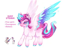 Size: 2048x1650 | Tagged: safe, artist:madisockz, derpibooru import, zipp storm, pegasus, pony, g5, :3, adorazipp, alternate design, alternate eye color, alternate hairstyle, blue eyes, blue sclera, blushing, body freckles, chest fluff, coat markings, colored eyebrows, colored hooves, colored muzzle, colored pinnae, colored pupils, colored sclera, colored wings, colored wingtips, cute, cutie mark accessory, cutie mark earrings, ear fluff, ear piercing, earring, facial markings, female, flying, freckles, image, industrial piercing, jewelry, long mane, long tail, looking down, mare, mealy mouth (coat marking), missing cutie mark, multicolored mane, multicolored tail, multicolored wings, narrowed eyes, piercing, pink text, png, raised hoof, redesign, shiny hooves, signature, simple background, smiling, solo, sparkles, sparkly wings, spiky mane, spread wings, tail, text, two toned eyes, wavy tail, white background, white coat, wing fluff, wings