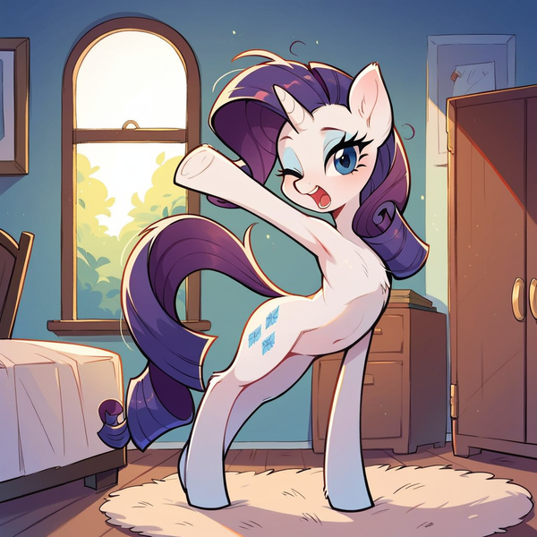 Size: 1024x1024 | Tagged: safe, ai content, derpibooru import, machine learning generated, prompter:doom9454, stable diffusion, rarity, pony, cute, generator:pony diffusion v6 xl, image, messy mane, morning ponies, one eye closed, png, standing, stretching, yawn