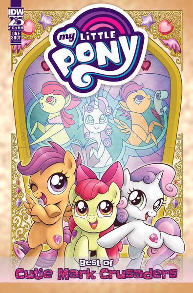 Size: 2063x3131 | Tagged: safe, artist:brendahickey, derpibooru import, idw, official, apple bloom, scootaloo, sweetie belle, earth pony, pegasus, pony, unicorn, series:best of my little pony, apple bloom's bow, bow, comic cover, cutie mark, cutie mark crusaders, female, filly, foal, g4, hair bow, high res, horn, image, jpeg, my little pony logo, official comic, open mouth, open smile, smiling, spread wings, the cmc's cutie marks, trio, trio female, wings