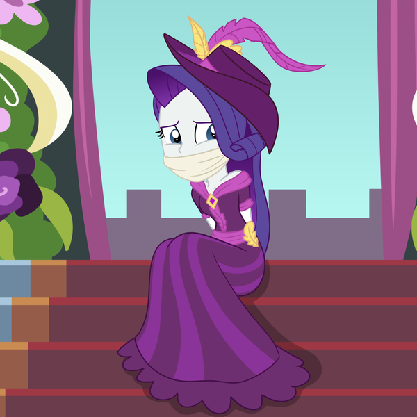 Size: 2000x2000 | Tagged: safe, artist:nie-martw-sie-o-mnie, derpibooru import, part of a set, rarity, human, equestria girls, magical mystery cure, arm behind back, cloth gag, clothes, coronation dress, dress, female, femsub, g4, gag, image, png, rarisub, sitting, solo, stairs, submissive
