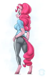 Size: 1864x3070 | Tagged: safe, artist:mysticalpha, derpibooru import, pinkie pie, anthro, unguligrade anthro, bracelet, breasts, busty pinkie pie, clothes, image, jewelry, pants, png, shirt, solo, sweatpants