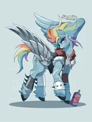 Size: 1668x2224 | Tagged: safe, artist:paley693, derpibooru import, rainbow dash, pegasus, pony, amputee, artificial wings, augmented, bracelet, clothes, ear piercing, female, image, jacket, jewelry, jpeg, light blue background, mare, metal wing, necklace, piercing, prosthetic limb, prosthetic wing, prosthetics, simple background, solo, spiked wristband, spray can, watermark, wings, wristband