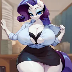 Size: 1024x1024 | Tagged: suggestive, ai content, derpibooru import, machine learning assisted, machine learning generated, rarity, anthro, unicorn, big breasts, bra, breasts, busty rarity, clothes, g4, horn, image, jpeg, looking at you, seductive, smiling, smiling at you, stupid sexy rarity, underwear