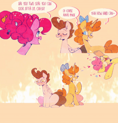 Size: 1080x1121 | Tagged: safe, artist:sockiepuppetry, derpibooru import, li'l cheese, pinkie pie, pound cake, pumpkin cake, earth pony, pegasus, pony, unicorn, the last problem, accordion, animated, dialogue, gif, horn, image, musical instrument, older, older pinkie pie, older pound cake, older pumpkin cake, trombone