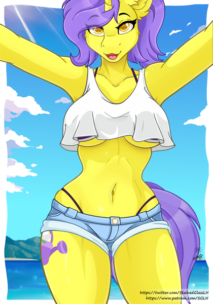 Size: 1400x2000 | Tagged: suggestive, artist:stainedglasslighthea, derpibooru import, oc, oc:tulipan, anthro, unicorn, bedroom eyes, belly button, clothes, cloud, commission, curvy, female, horn, hourglass figure, image, looking at you, midriff, ocean, open mouth, outdoors, png, selfie, shirt, shorts, solo, solo female, unicorn oc, water, ych result
