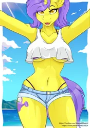 Size: 1400x2000 | Tagged: suggestive, artist:stainedglasslighthea, derpibooru import, oc, oc:tulipan, anthro, unicorn, bedroom eyes, belly button, breasts, clothes, cloud, commission, curvy, denim shorts, female, horn, hourglass figure, image, looking at you, midriff, ocean, open mouth, outdoors, panties, png, selfie, shirt, shorts, solo, solo female, thong, underboob, underwear, unicorn oc, water, ych result