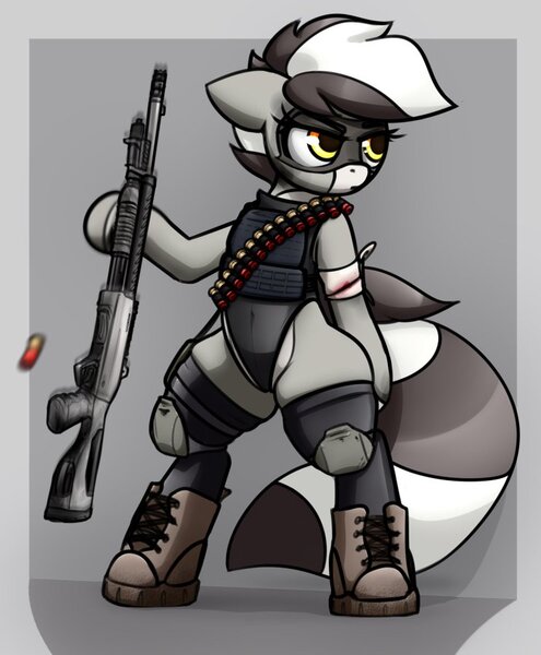 Size: 742x900 | Tagged: safe, artist:jetwave, derpibooru import, oc, oc:bandy cyoot, unofficial characters only, pony, armor, bandage, bandolier, bipedal, boots, clothes, female, gun, image, jpeg, knee pads, mare, shoes, shotgun, solo, tactical vest, weapon
