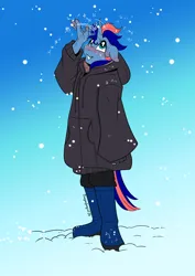 Size: 2894x4093 | Tagged: safe, artist:dragonfoxgirl, derpibooru import, oc, unofficial characters only, anthro, unicorn, gradient background, horn, image, jpeg, snow, snowfall, solo, unicorn oc