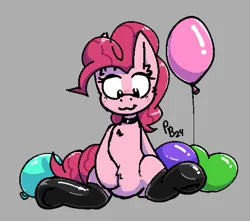 Size: 783x692 | Tagged: safe, artist:ponballoon, derpibooru import, pinkie pie, earth pony, pony, :3, balloon, belly, belly fluff, blushing, chest fluff, choker, clothes, ear fluff, featureless crotch, female, image, latex, latex socks, looking down, mare, png, sitting, socks, solo, underhoof