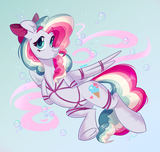 Size: 4200x4000 | Tagged: safe, artist:k0potb, derpibooru import, oc, oc:sky sorbet, unofficial characters only, pegasus, pony, bondage, bow, curly hair, curly mane, female, full body, hair bow, image, looking at you, mare, multicolored hair, multicolored mane, open mouth, pegasus oc, png, rope, rope bondage, shibari, tied up, wings