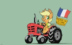Size: 3840x2400 | Tagged: safe, artist:darkdoomer, ponerpics import, applejack, alcohol, france, french, image, massey-ferguson, png, politics, protest, simple, solo, tractor, wallpaper, wine, yellow vest