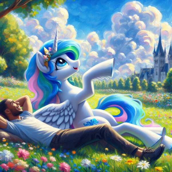 Size: 1024x1024 | Tagged: safe, ai content, anonymous prompter, derpibooru import, machine learning generated, princess celestia, alicorn, human, castle, clothes, cloud, flower, generator:bing image creator, generator:dall-e 3, image, jpeg, lying down, meadow, pants, park, pointing, shirt, shoes, smiling, wrong cutie mark