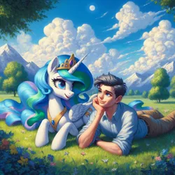 Size: 1024x1024 | Tagged: safe, ai content, anonymous prompter, derpibooru import, machine learning generated, princess celestia, alicorn, human, clothes, cloud, cloudy, crown, field, flower, generator:bing image creator, generator:dall-e 3, hand on chin, image, jewelry, jpeg, lying down, meadow, mountain, pants, peytral, regalia, shirt, tree, wrong cutie mark