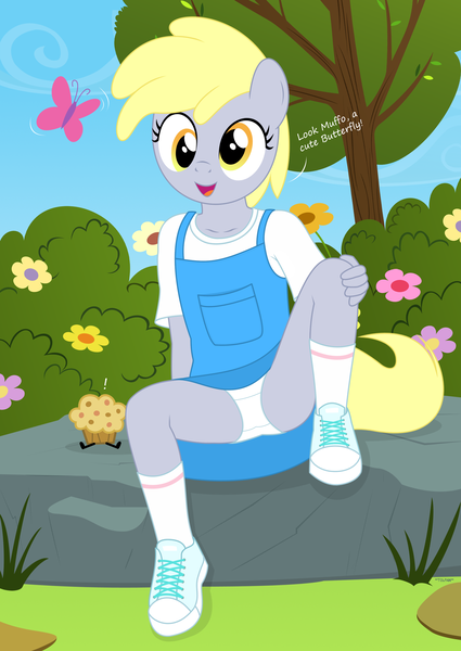 Size: 2393x3375 | Tagged: suggestive, artist:tolpain, banned from derpibooru, ponerpics import, ponybooru import, derpy hooves, anthro, butterfly, insect, pony, clothes, cute, dialogue, dress, female, filly, foal, foalcon, food, image, innocent, lolicon, muffin, outdoors, panties, panty shot, png, shoes, skirt, spread legs, spreading, sundress, underage, underwear, upskirt, white panties, younger