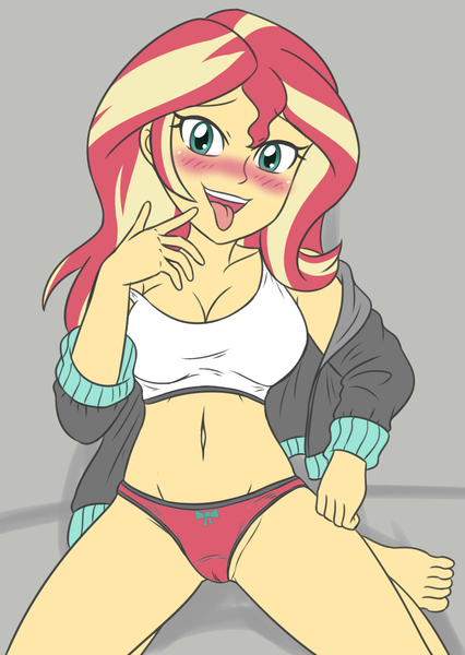 Size: 1280x1804 | Tagged: suggestive, artist:sumin6301 edits, derpibooru import, edit, editor:mlplove, sunset shimmer, human, equestria girls, 2d, aroused, bedroom eyes, belly, belly button, big head, blushing, bowtie, bra, breasts, busty sunset shimmer, cameltoe, cleavage, clothes, eyebrows, eyebrows visible through hair, feet, female, g4, gray background, green bow, image, jacket, kneeling, legs, long sleeves, midriff, open mouth, open smile, panties, png, red panties, red underwear, seductive look, seductive pose, simple background, smiling, solo, sports bra, sports panties, spread legs, spreading, toes, tongue out, underwear, underwear edit, white bra, white underwear, white wardrobe