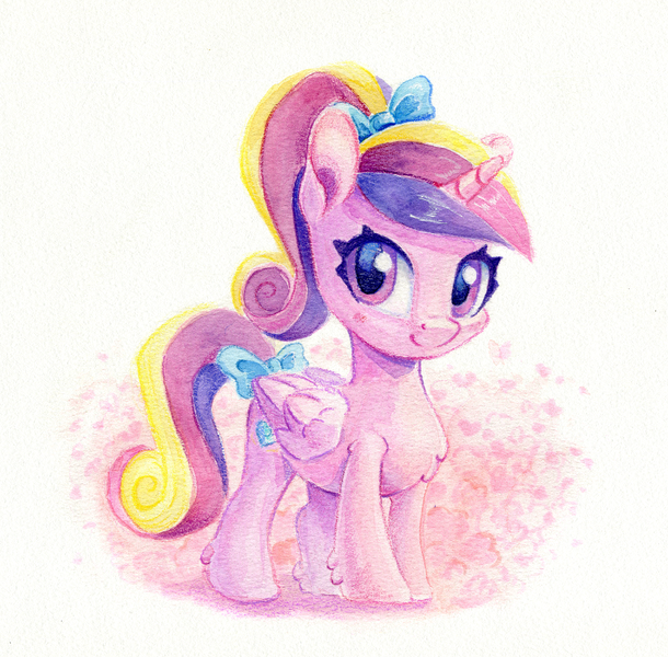 Size: 1118x1100 | Tagged: safe, artist:maytee, derpibooru import, princess cadance, alicorn, pony, bow, chibi, female, filly, filly cadance, g4, hair bow, image, png, solo, tail, tail bow, traditional art, younger