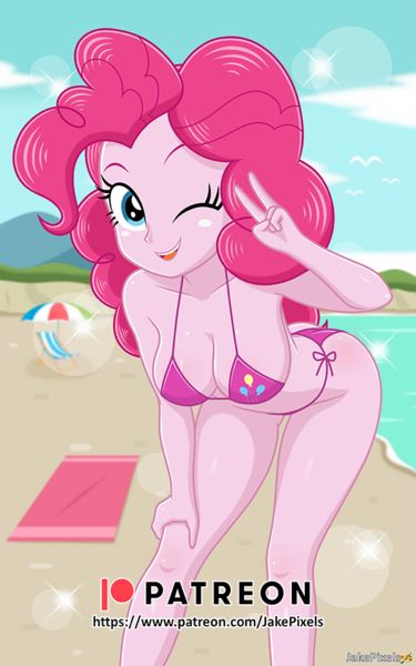 Size: 606x970 | Tagged: safe, artist:jakepixels, derpibooru import, pinkie pie, human, equestria girls, beach, beach towel, bikini, breasts, busty pinkie pie, cleavage, clothes, female, g4, image, leaning forward, looking at you, one eye closed, open mouth, open smile, peace sign, png, side-tie bikini, smiling, smiling at you, swimsuit, towel, wink