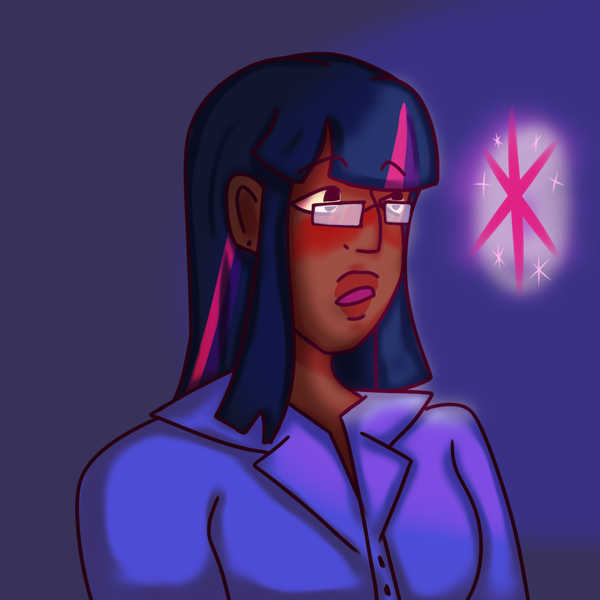 Size: 2048x2048 | Tagged: safe, artist:snappyshni, derpibooru import, twilight sparkle, human, blackwashing, blue background, clothes, dark skin, female, glasses, humanized, image, open mouth, png, shirt, simple background, solo