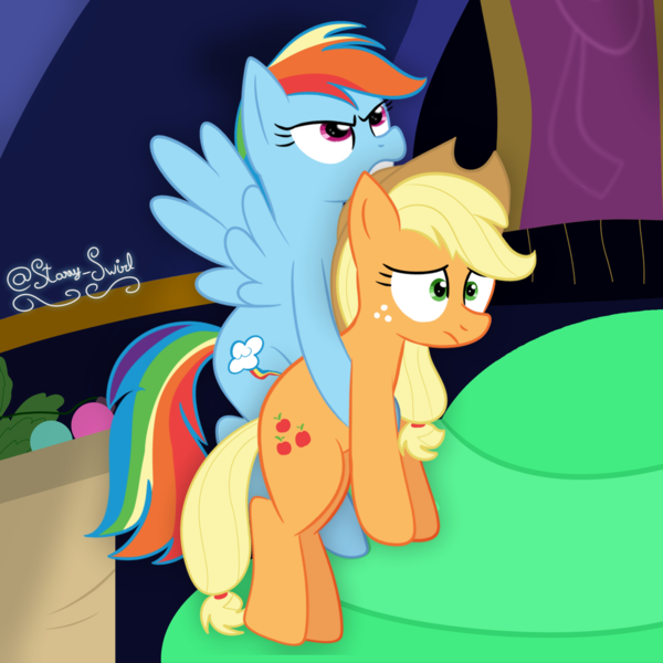 Size: 2160x2160 | Tagged: safe, artist:starry swirl, derpibooru import, applejack, rainbow dash, earth pony, pegasus, pony, best gift ever, duo, duo female, female, image, mare, png, scene interpretation