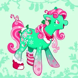 Size: 2500x2500 | Tagged: safe, artist:cracklewink, derpibooru import, minty, earth pony, pony, g3, abstract background, alternate color palette, alternate design, candy, candy cane, clothes, coat markings, collar, colored pinnae, curly mane, curly tail, female, food, freckles, gradient legs, green coat, hair accessory, high res, hoof shoes, image, jpeg, mare, mint coat, mismatched socks, open mouth, open smile, pink mane, pink tail, profile, shiny mane, shiny tail, smiling, socks, solo, standing, striped socks, tail, tail accessory, tied tail, two toned eyes, two toned mane, two toned tail, unusual pupils