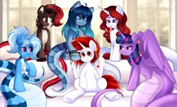 Size: 3000x1814 | Tagged: safe, artist:madelinne, derpibooru import, twilight sparkle, oc, oc:lamp, oc:opal brona, oc:ruby scales, oc:ryoku memori, oc:triksa, alicorn, lamia, original species, alicorn oc, horn, image, jewelry, png, wings