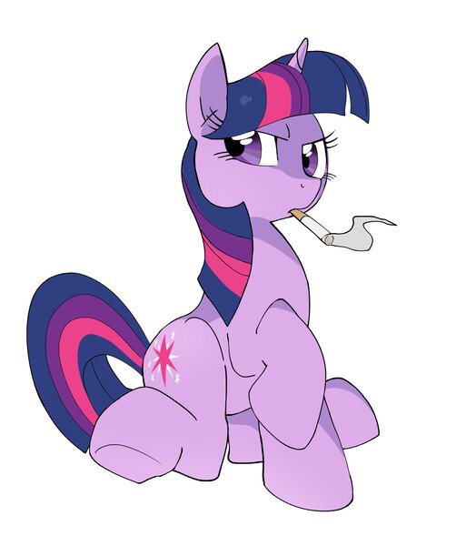 Size: 2545x3040 | Tagged: safe, artist:cheesesauce_45, derpibooru import, twilight sparkle, pony, unicorn, cigarette, drug use, drugs, female, frown, g4, grumpy, grumpy twilight, high res, horn, image, jpeg, looking back, mare, multicolored mane, multicolored tail, narrowed eyes, purple coat, purple eyes, raised hoof, raised leg, simple background, sitting, smoke, smoking, solo, straight mane, straight tail, tail, unicorn horn, unicorn twilight, white background, wingding eyes