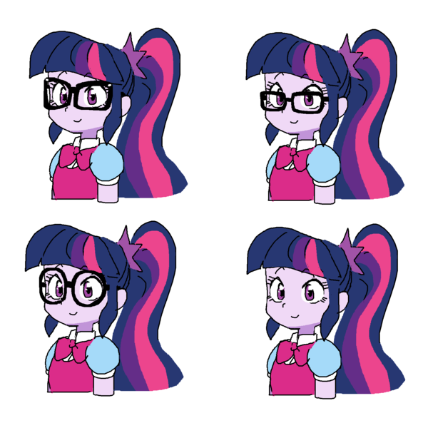 Size: 1601x1621 | Tagged: safe, artist:cheesesauce_45, derpibooru import, sci-twi, twilight sparkle, equestria girls, bust, clothes, dress, eyebrows, eyebrows visible through hair, female, g4, glasses, image, long hair, multicolored hair, neck bow, png, ponytail, purple eyes, purple skin, round glasses, simple background, smiling, solo, square glasses, tied hair, white background, wingding eyes