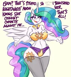 Size: 3000x3242 | Tagged: suggestive, artist:flutterthrash, derpibooru import, princess celestia, alicorn, anthro, plantigrade anthro, pony, belly button, big breasts, bra, breast overpour, breasts, busty princess celestia, cleavage, clothes, dialogue, eyeshadow, female, g4, high res, horn, image, implied nightmare moon, lidded eyes, makeup, mare, midriff, open mouth, panties, png, simple background, skindentation, smug, socks, solo, solo female, stockings, thigh highs, thighs, underwear, wide hips, yellow background