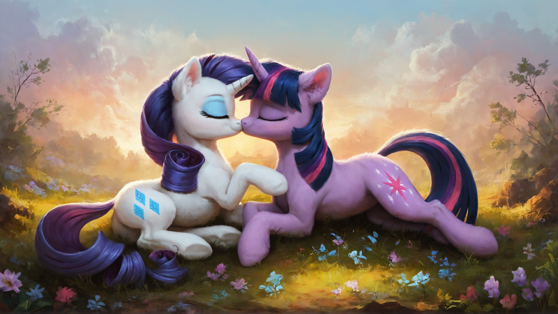 Size: 1920x1080 | Tagged: safe, ai content, derpibooru import, machine learning generated, prompter:truekry, stable diffusion, rarity, twilight sparkle, pony, unicorn, female, g4, generator:pony diffusion v6 xl, grass, grass field, horn, image, kiss on the lips, kissing, lesbian, outdoors, png, ship:rarilight, shipping, sunset