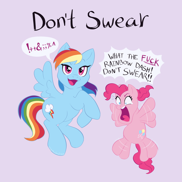 Size: 2500x2500 | Tagged: safe, artist:missmccloud, derpibooru import, pinkie pie, rainbow dash, earth pony, pegasus, pony, angry, blue coat, blue eyes, censored vulgarity, comic, cutie mark, duo, duo female, eyebrows, female, flying, grawlixes, hypocritical humor, image, looking at you, magenta eyes, multicolored hair, open mouth, pink coat, pink hair, png, purple background, rainbow hair, raised eyebrow, signature, simple background, smiling, smug, speech bubble, spread wings, swearing, sweat, sweatdrop, teary eyes, teeth, text, upset, vulgar, wide eyes, wings