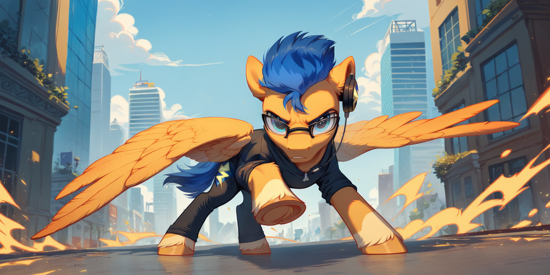 Size: 4096x2048 | Tagged: safe, ai content, derpibooru import, machine learning assisted, machine learning generated, prompter:oranzinispegasiukas, stable diffusion, flash sentry, pegasus, pony, city, clothes, costume, g4, generator:pony diffusion v6 xl, glasses, high res, image, png, solo, spread wings, wings