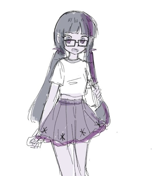 Size: 1302x1493 | Tagged: safe, artist:sugarcube269, derpibooru import, sci-twi, twilight sparkle, human, equestria girls, clothes, female, g4, glasses, image, jpeg, looking at you, monochrome, pigtails, simple background, sketch, skirt, smiling, solo, twintails, white background