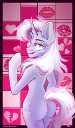 Size: 1205x2051 | Tagged: safe, artist:redjester, derpibooru import, oc, unofficial characters only, anthro, unicorn, arm hooves, butt, candy, female, food, horn, image, kisses, looking at you, pink, pink background, png, simple background, smiling, solo