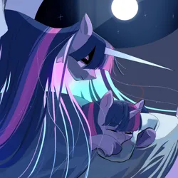 Size: 2048x2048 | Tagged: safe, artist:aztrial, derpibooru import, twilight sparkle, twilight sparkle (alicorn), alicorn, pony, unicorn, alternate universe, bed, blanket, creepy, duality, female, full moon, horn, image, long horn, mare, moon, night, pillow, png, self paradox, self ponidox, sleeping, stars, time travel, twilight snapple, unicorn twilight, unshorn fetlocks