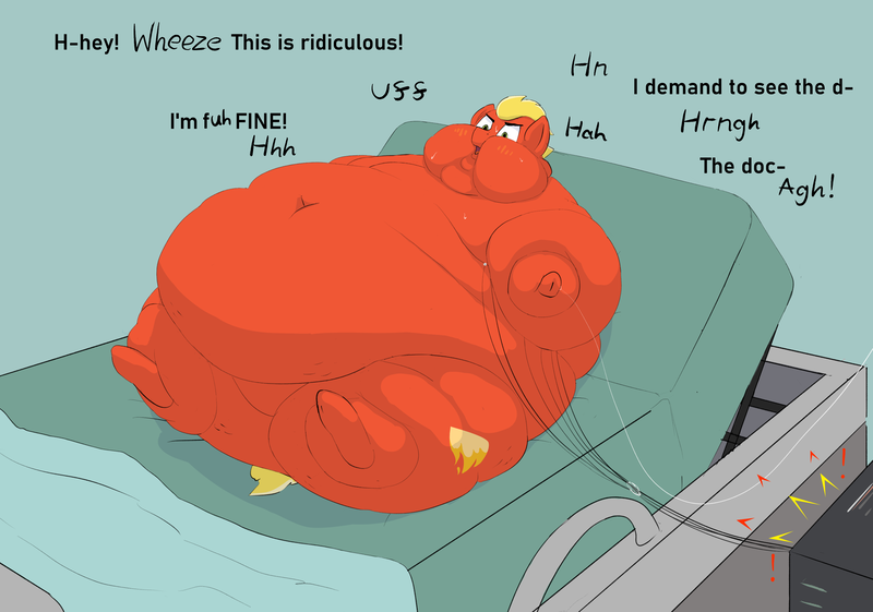 Size: 3178x2230 | Tagged: questionable, semi-grimdark, artist:lupin quill, derpibooru import, short fuse, pegasus, pony, angry, bed, bedbound, belly, belly button, bhm, big belly, cellulite, chubby cheeks, dialogue, fat, fat fetish, fetish, frog (hoof), fupa, heart attack, heart monitor, hospital, hospital bed, image, immobile, large butt, life support, lying down, male, morbidly obese, multichin, obese, on back, open mouth, panting, png, rolls of fat, solo, solo male, sweat, sweatdrop, underhoof