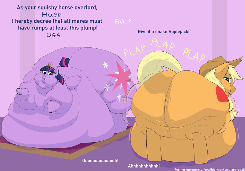 Size: 3264x2279 | Tagged: questionable, artist:lupin quill, derpibooru import, applejack, twilight sparkle, twilight sparkle (alicorn), alicorn, pony, applefat, balcony, bed, bedbound, belly, belly bed, big belly, bingo wings, blushing, butt, chubby cheeks, dialogue, fat, fat fetish, feedee, female, fetish, flabby chest, flower, g4, high res, huge belly, huge butt, image, immobile, impossibly large belly, impossibly large butt, jewelry, jiggle, large butt, morbidly obese, multichin, neck roll, obese, offscreen character, onomatopoeia, open mouth, panting, plap, png, presenting, rolls of fat, stretched cutie mark, the ass was fat, thighs, thunder thighs, tiara, twerking, twibutt, twilard sparkle, weight gain, weight gain sequence, wings