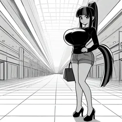 Size: 1024x1024 | Tagged: safe, ai content, derpibooru import, machine learning generated, twilight sparkle, human, adorasexy, big breasts, breasts, clothes, cute, empty room, female, hand on hip, high heels, huge breasts, humanized, image, looking at you, mall, monochrome, png, ponytail, prompter:horselover fat, purse, sexy, shoes, shorts, solo, standing, tail, tiled floor