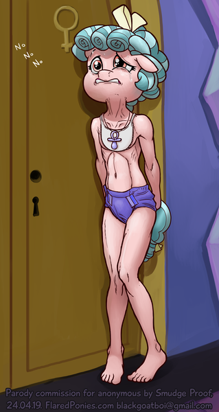 Size: 2656x5000 | Tagged: questionable, artist:smudge proof, derpibooru import, cozy glow, anthro, plantigrade anthro, belly button, bib, commission, crying, desperation, diaper, diaper fetish, door, female, fetish, gritted teeth, image, png, potty emergency, potty time, solo, solo female, teeth